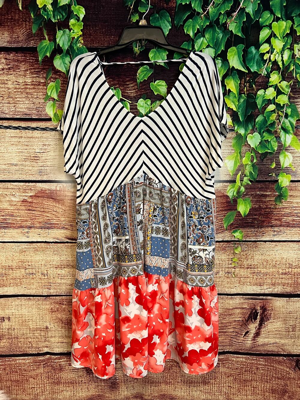 Oddy Colorblock Tier Tunic Dress Floral Stripe Patchwork Easter 4th of July 2XL